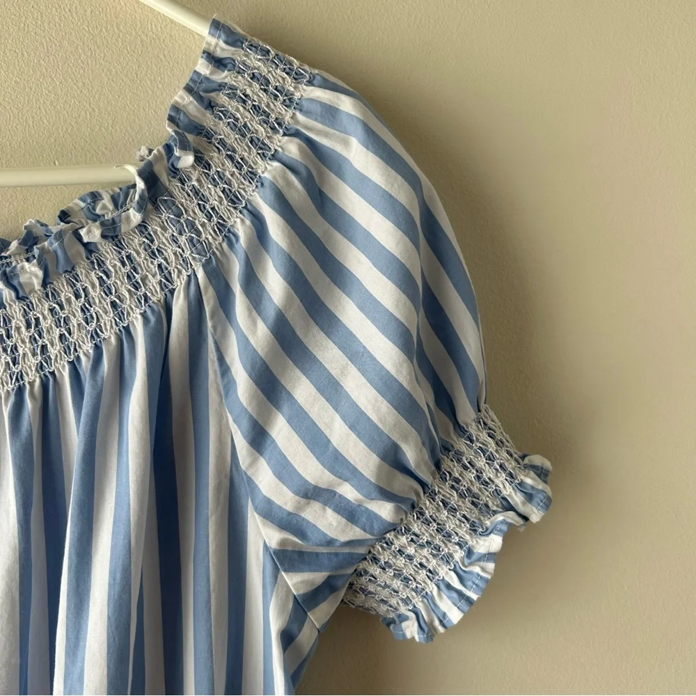J. Crew 100% cotton Smocked puff-sleeve poplin dress in stripe blue white S